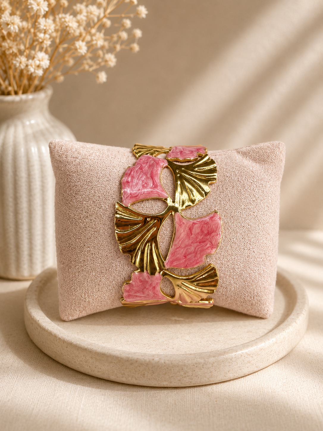 🩷 Manchette ajustable – Rose marbré & Doré