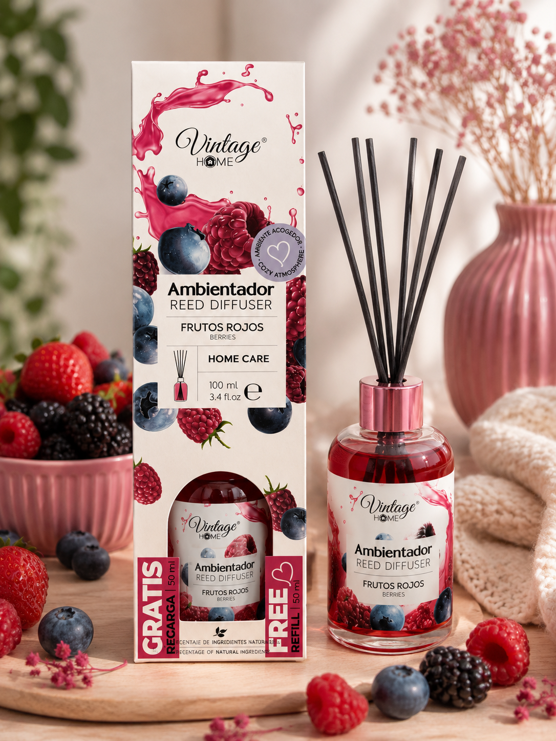 🍒🍓Diffuseur à bâtonnets – Fruits Rouges 100 ml + Recharge 50 ml OFFERTE 🎁