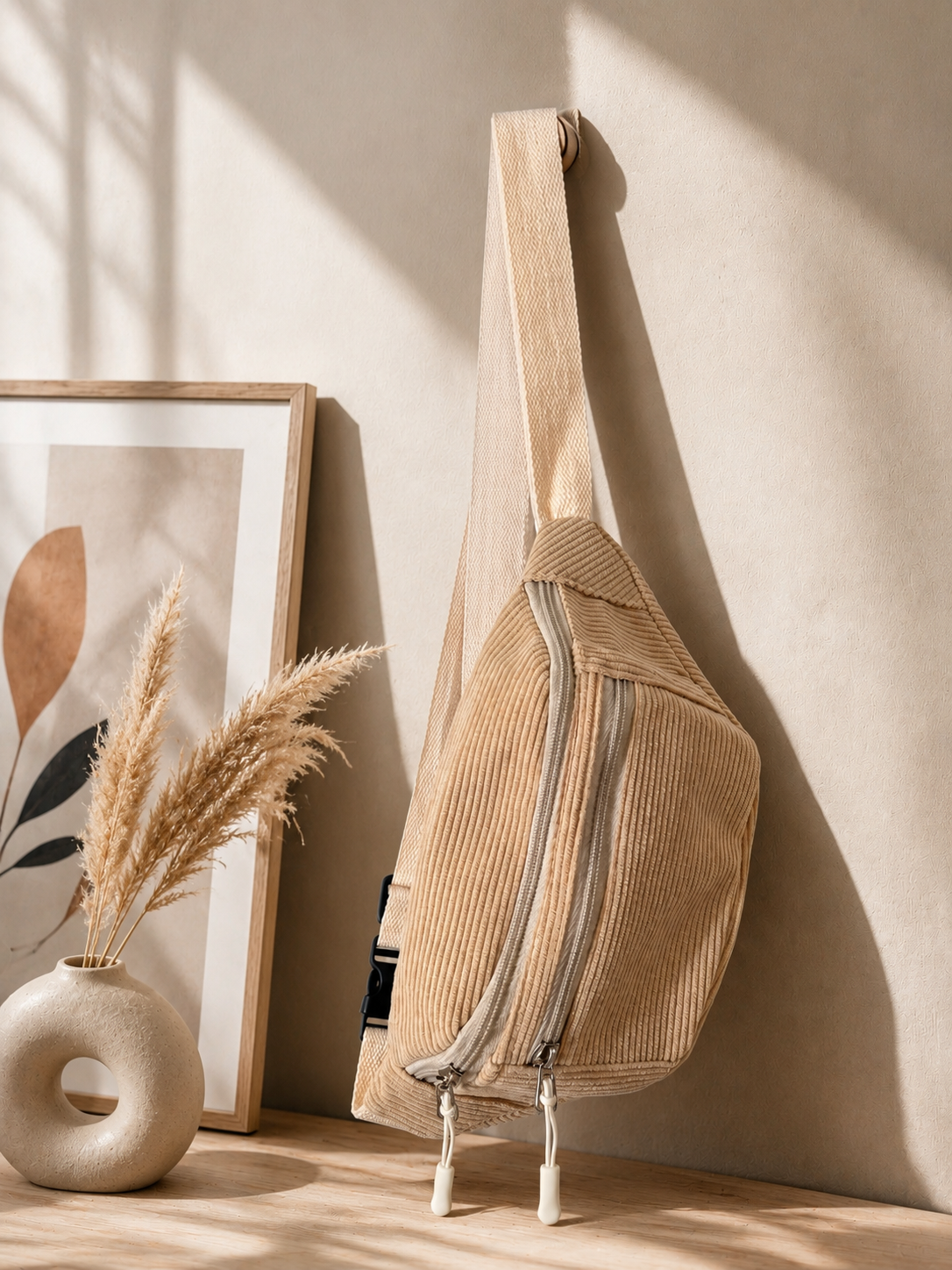 Sac banane en velours côtelé beige
