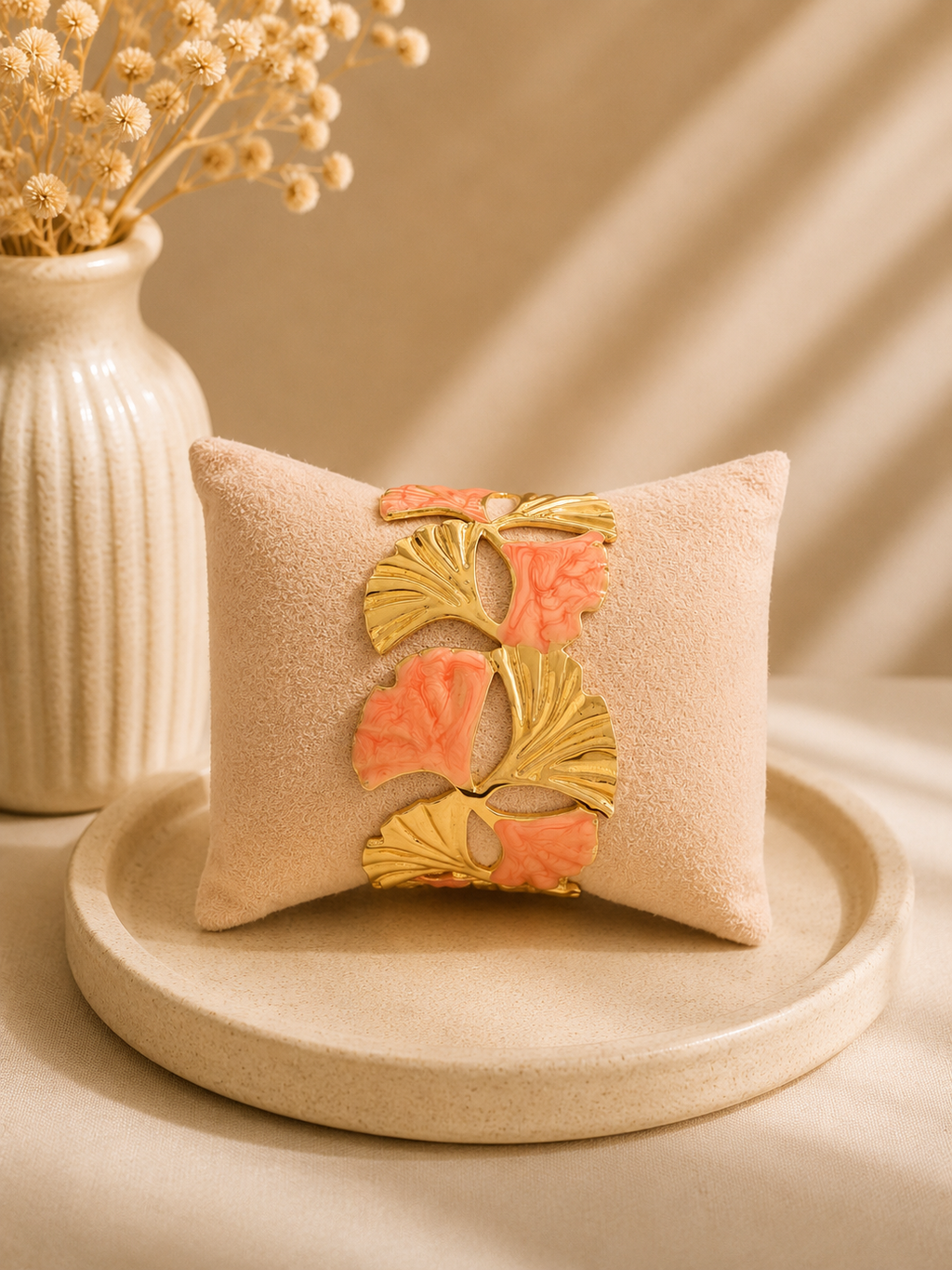 🧡 Manchette ajustable – Corail marbré & Doré