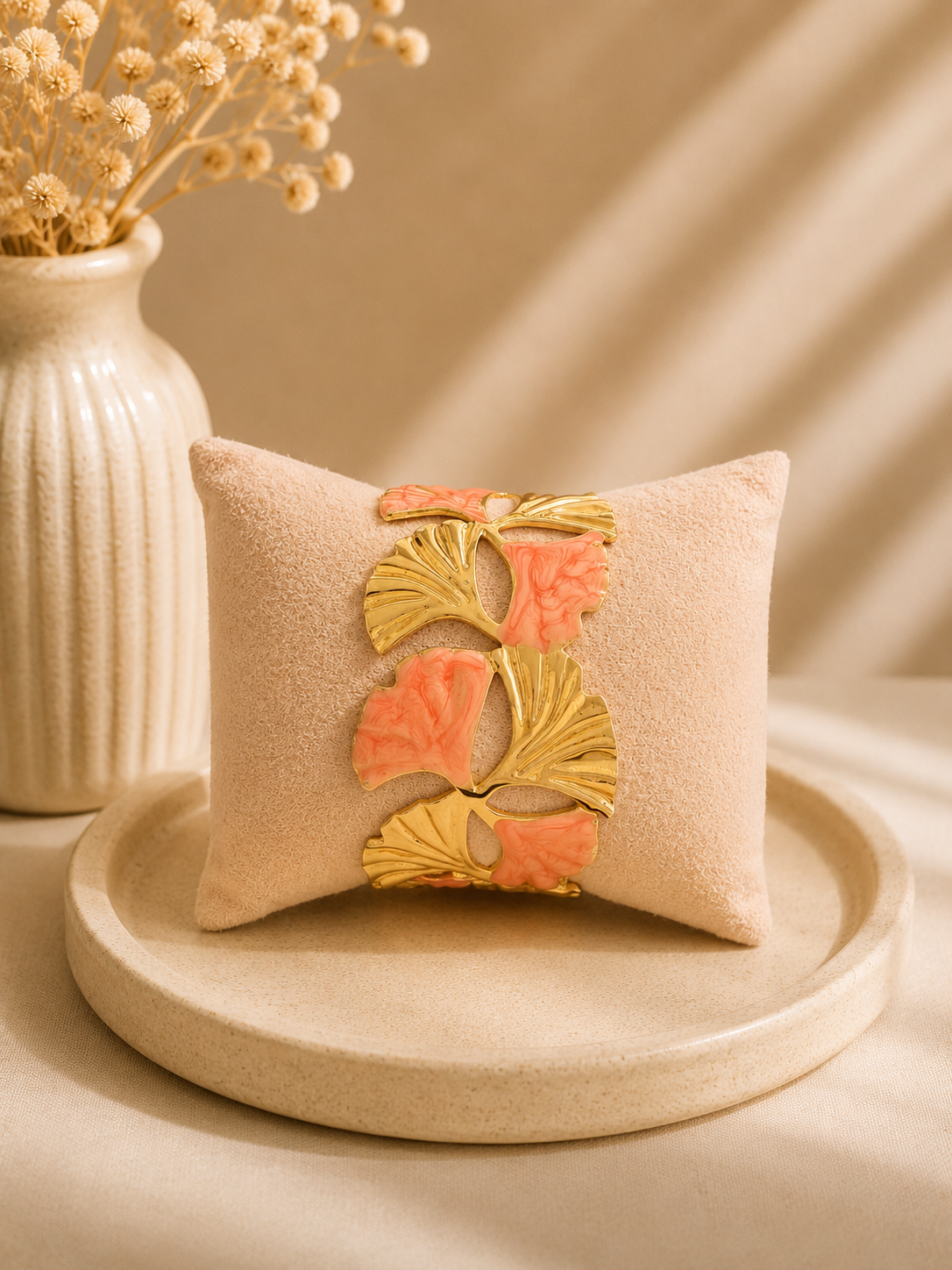🧡 Manchette ajustable – Corail marbré & Doré