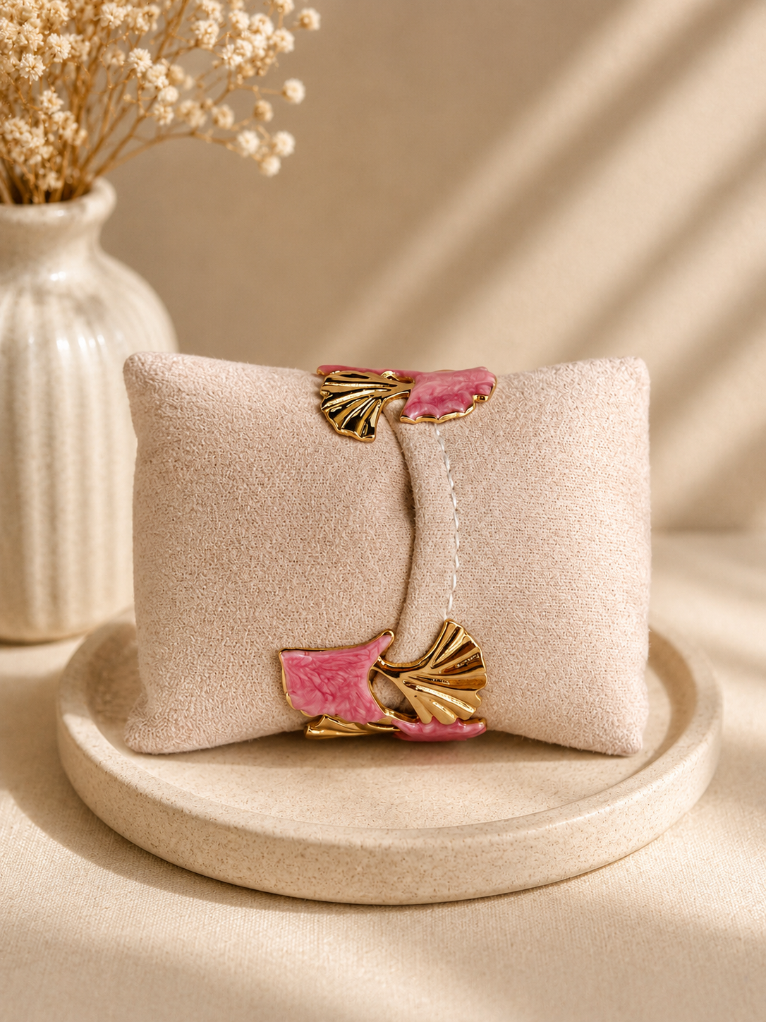 🩷 Manchette ajustable – Rose marbré & Doré