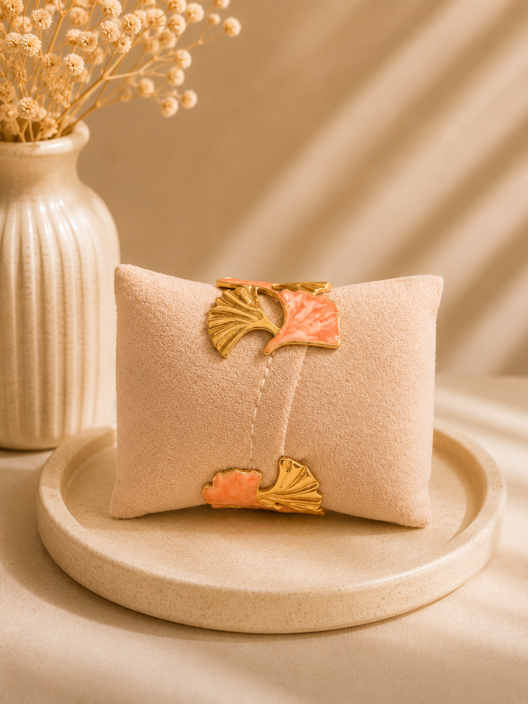 🧡 Manchette ajustable – Corail marbré & Doré